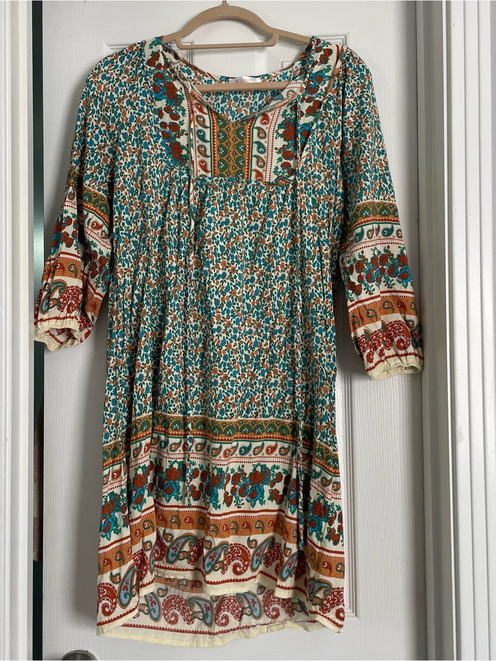 Boho Floral Mini Long Sleeve Shift Babydoll Dress in Teal & Rust